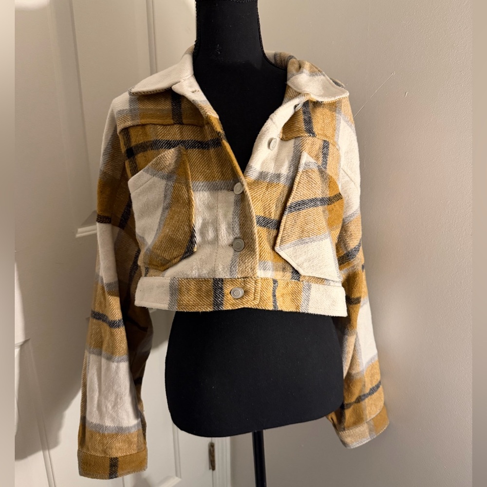 Fashion Nova Mustard and White Plaid Cropped Blazer